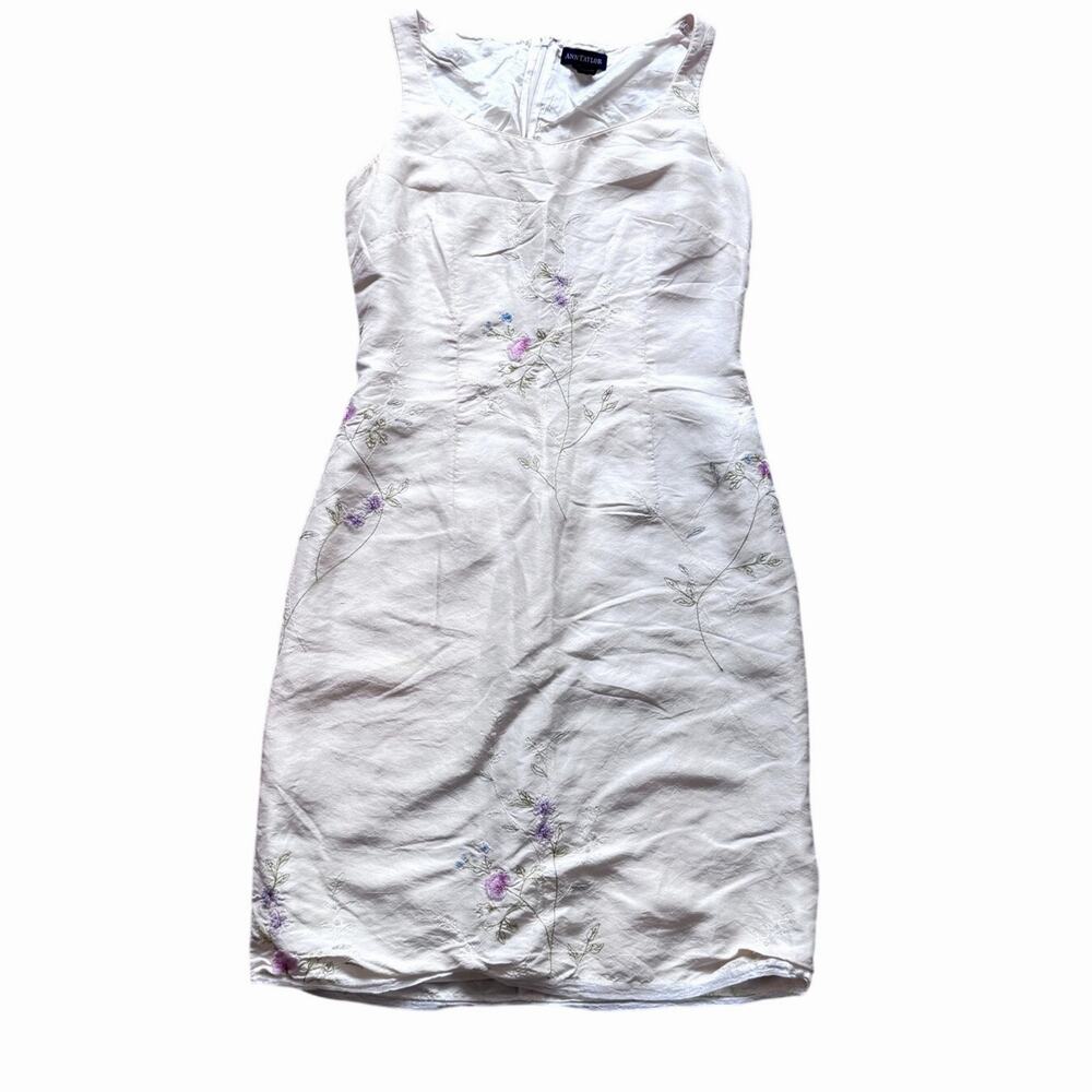 VTG 100% Ann Taylor Ivory Floral Embroidered Silk Sheath Dress Women's Size 6